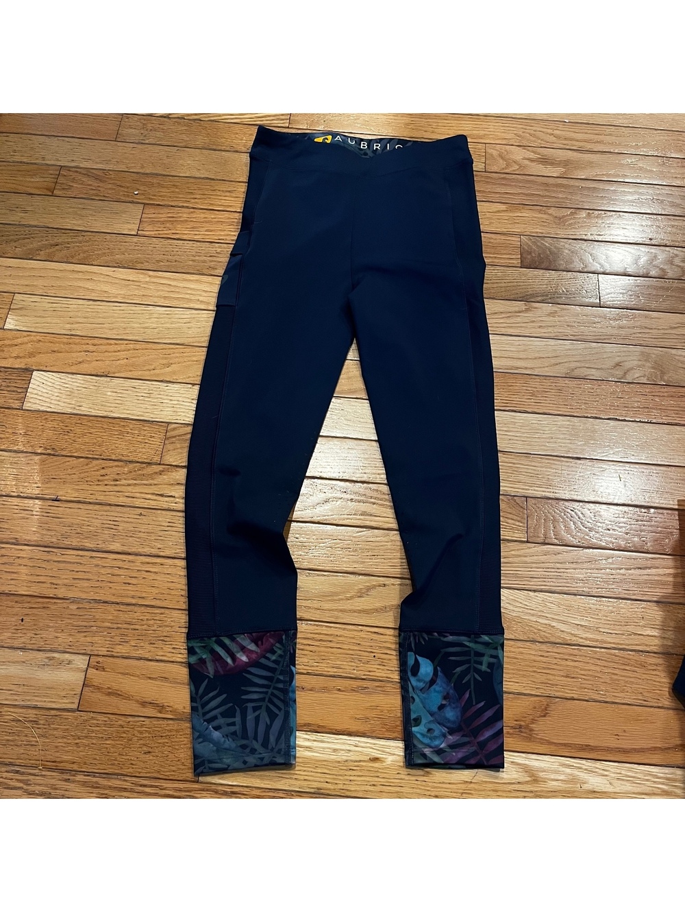 Aubrion Navy Equestrian Riding Tights with Leaf Print Cuffs Size 11-12 Years